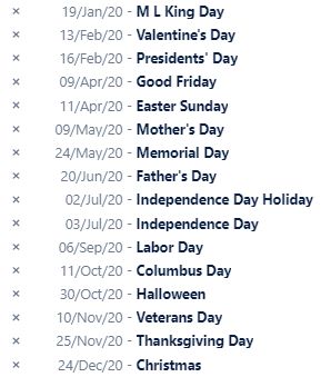 Shows the imported list of holidays